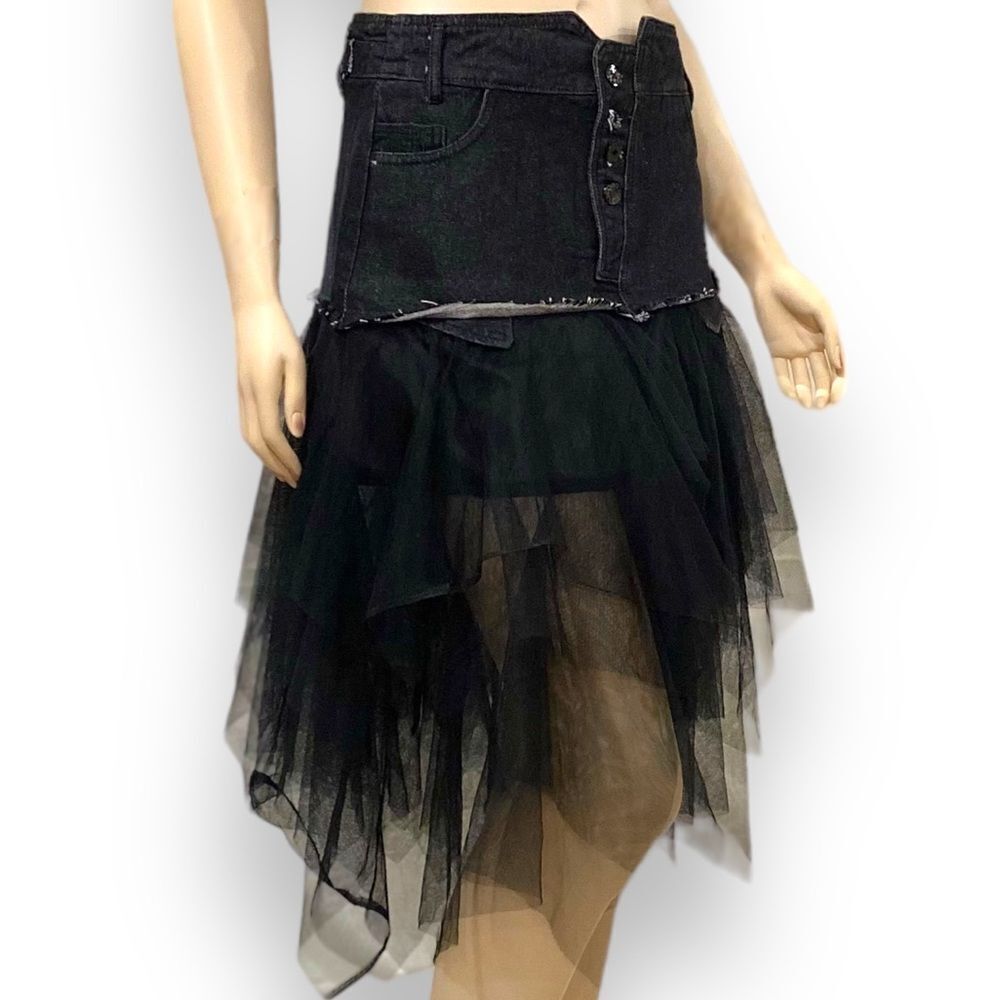 Black Denim Button Up Multi Layer Mesh Midi Skirt… - image 1